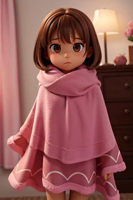 a 7 year old girl, brown eyes, straight light brown hair, wrapped in her pink blanket facing monsters