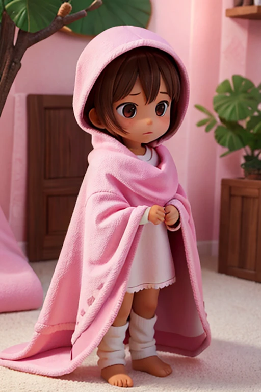 a 7 year old girl, brown eyes, straight light brown hair, wrapped in her pink blanket facing monsters