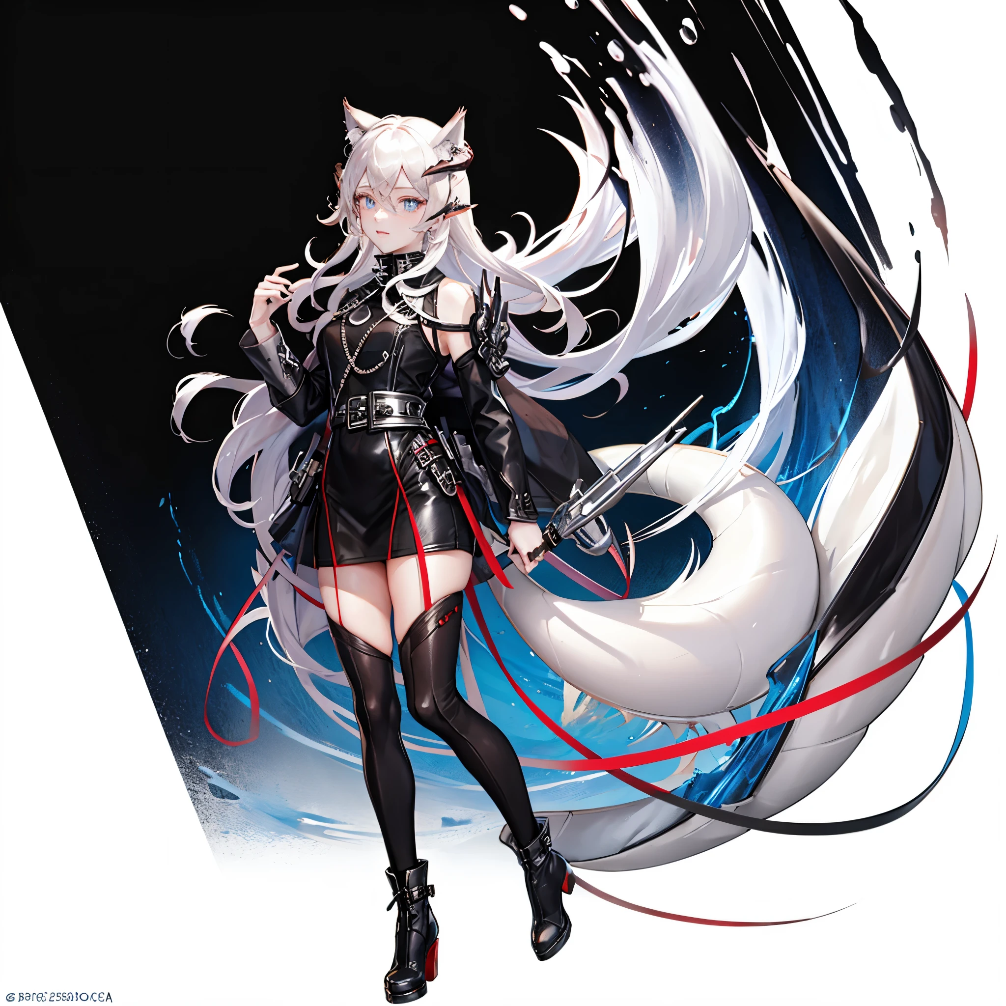 8k, resolution, high quality, high resolution, best quality, best resolution, absurd resolution, ray tracing, high detailed, masterpiece, extremely detailed,shoulder length white hair, female,white 2 wolf ears, teenage girl, slim body, white scale dragon tail,black boots,black leggings, school skirt, white jacket, medium size chest, detailed blue eyes, detailed beautiful face,solo female,1 dragon tail, detailed eyes