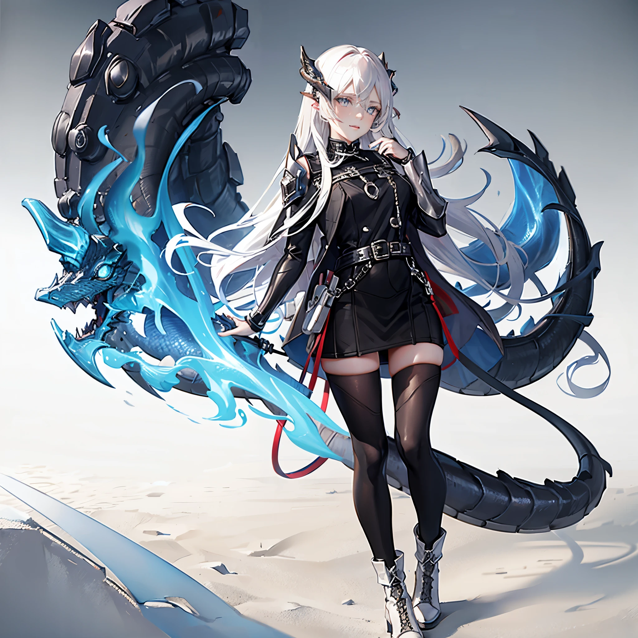 8k, resolution, high quality, high resolution, best quality, best resolution, absurd resolution, ray tracing, high detailed, masterpiece, extremely detailed,shoulder length white hair, female,white 2 wolf ears, teenage girl, slim body, white scale dragon tail,black boots,black leggings, school skirt, white jacket, medium size chest, detailed blue eyes, detailed beautiful face,solo female,1 dragon tail, detailed eyes