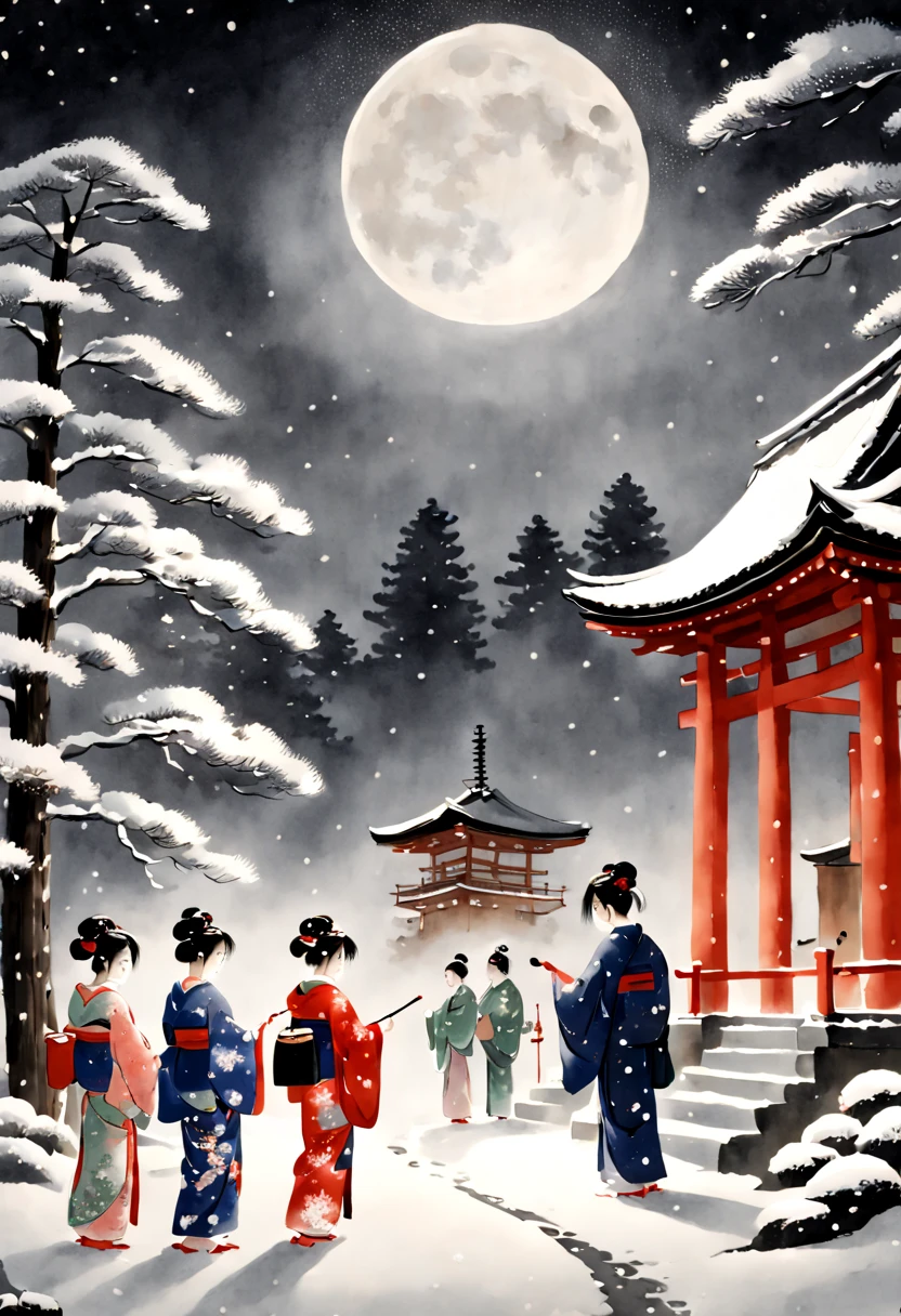 A horizontal New Year's scroll painting in Japanese sumi-e style showing a tranquil shrine in Kyoto with families dressed in elegant kimono ringing the temple bell at midnight to welcome the new year. Snow is falling gently and the full moon illuminates the pine trees.