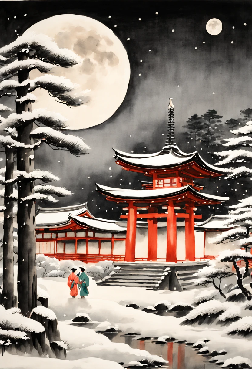 A horizontal New Year's scroll painting in Japanese sumi-e style showing a tranquil shrine in Kyoto with families dressed in elegant kimono ringing the temple bell at midnight to welcome the new year. Snow is falling gently and the full moon illuminates the pine trees.
