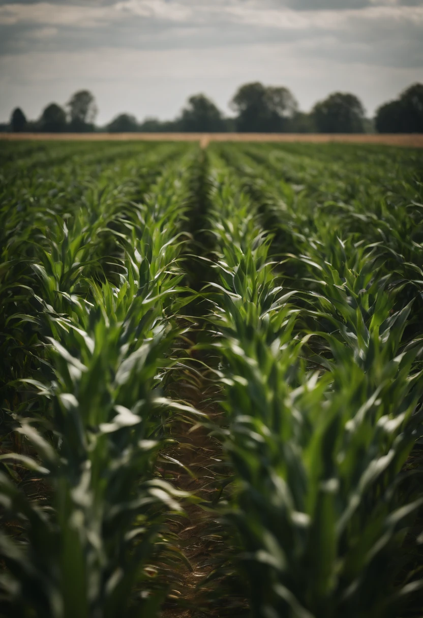 a wide-angle shot of a vast cornfield, showcasing the rows of tall, vibrant green stalks as they stretch into the distance