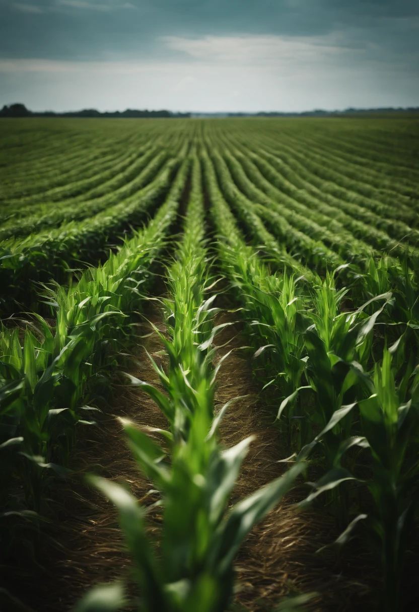 a wide-angle shot of a vast cornfield, showcasing the rows of tall, vibrant green stalks as they stretch into the distance