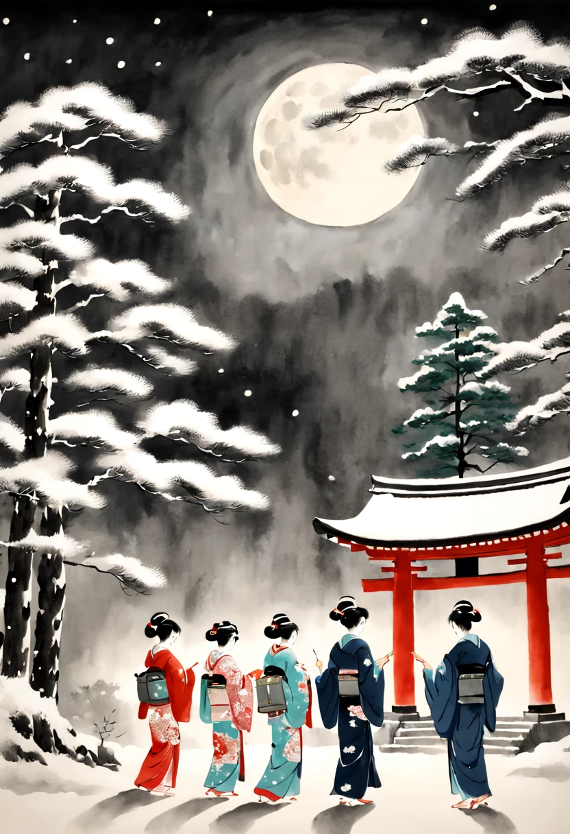 A horizontal New Year's scroll painting in Japanese sumi-e style showing a tranquil shrine in Kyoto with families dressed in elegant kimono ringing the temple bell at midnight to welcome the new year. Snow is falling gently and the full moon illuminates the pine trees.