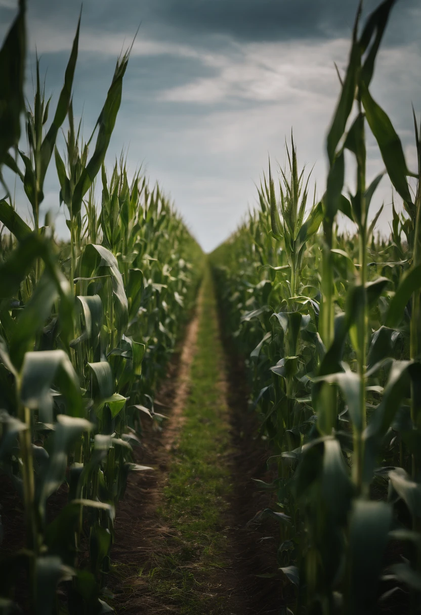 a wide-angle shot of a vast cornfield, showcasing the rows of tall, vibrant green stalks as they stretch into the distance
