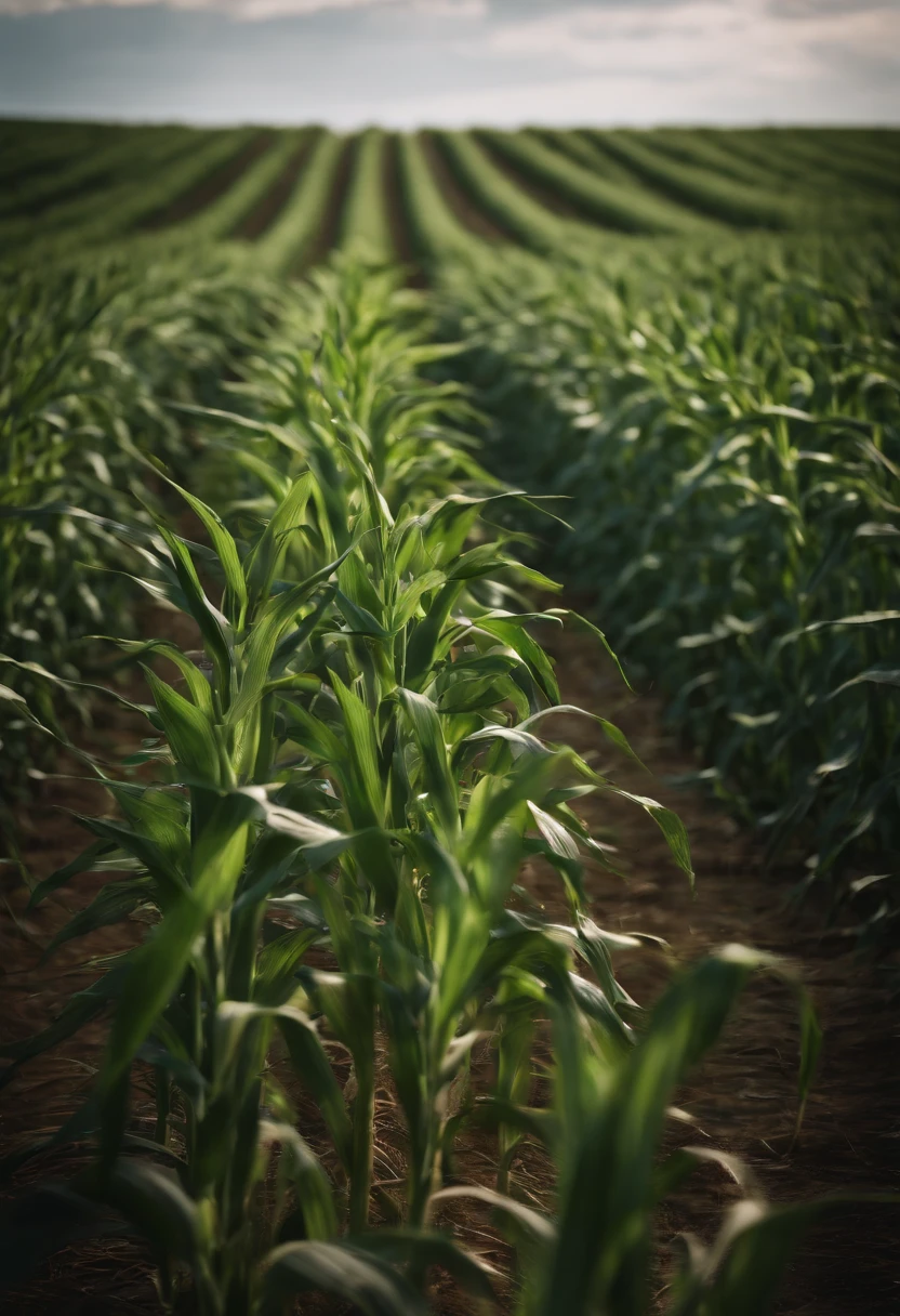 a wide-angle shot of a vast cornfield, showcasing the rows of tall, vibrant green stalks as they stretch into the distance