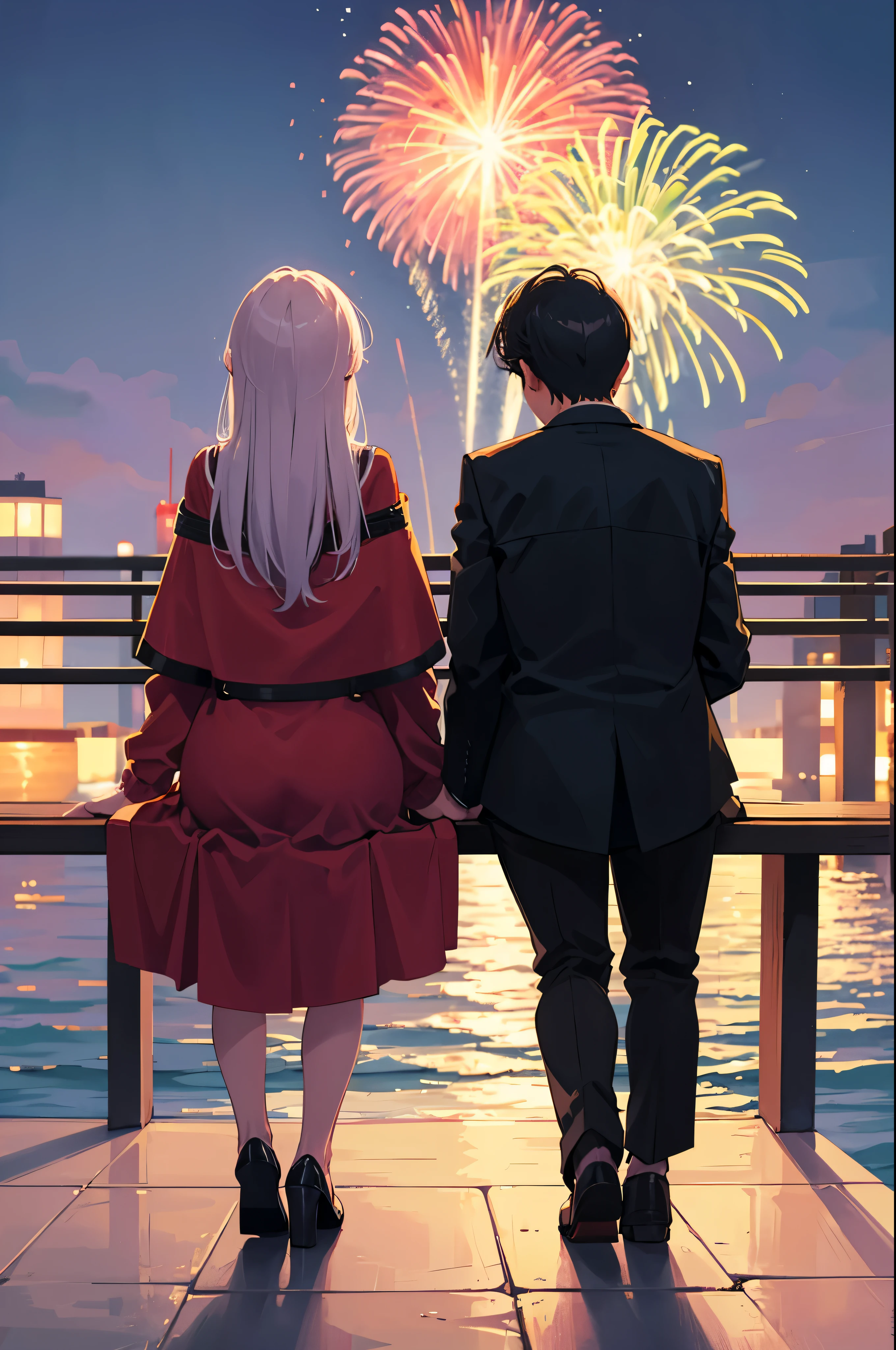 A couple sitting side by side（a young man and a woman），Sit on the embankment，Turn your back to the lens，Look up at the fireworks blooming in the sky，Modern age city，the night