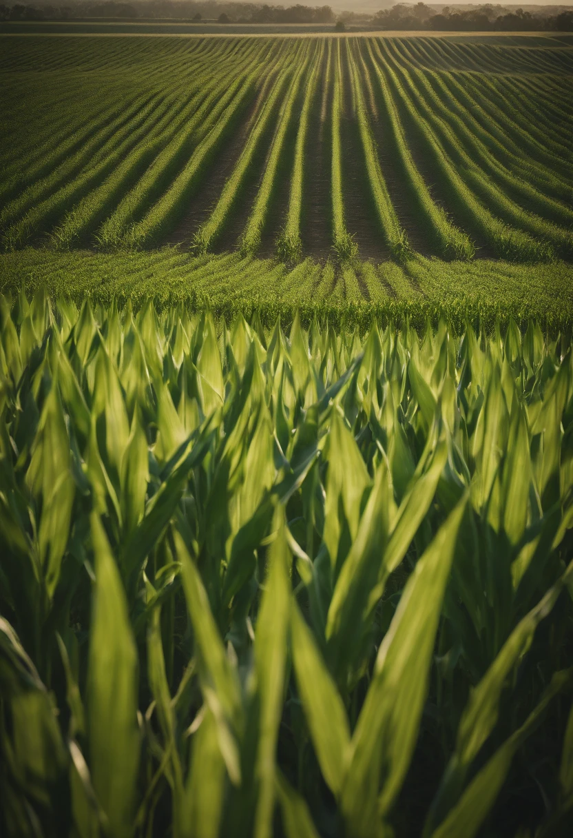 a wide-angle shot of a vast cornfield, showcasing the rows of tall, vibrant green stalks as they stretch into the distance