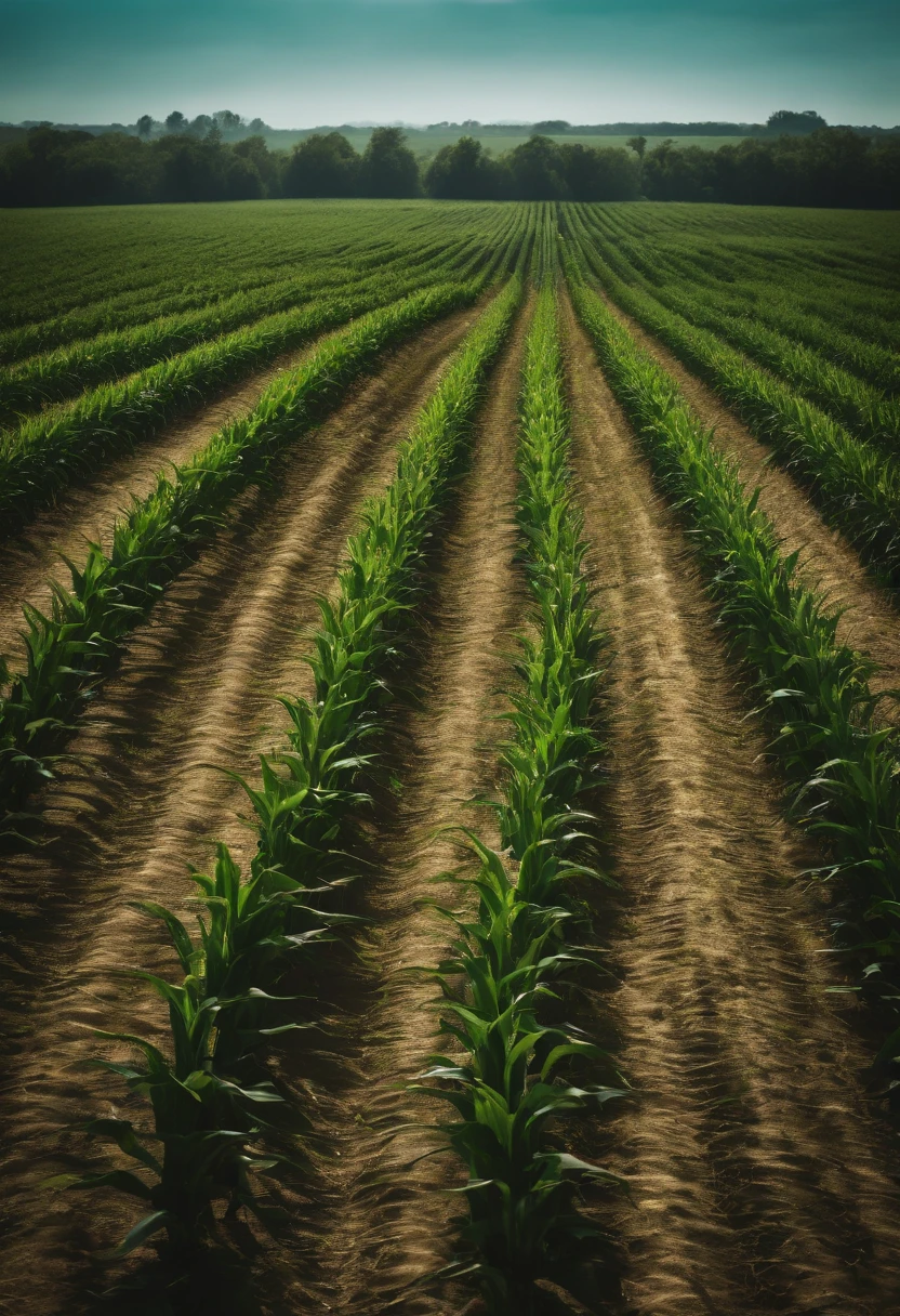 a wide-angle shot of a vast cornfield, showcasing the rows of tall, vibrant green stalks as they stretch into the distance