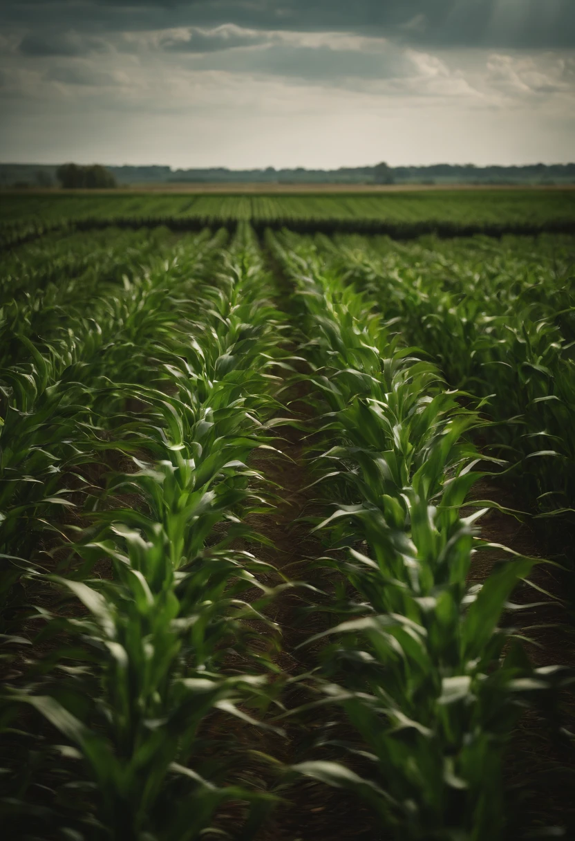 a wide-angle shot of a vast cornfield, showcasing the rows of tall, vibrant green stalks as they stretch into the distance