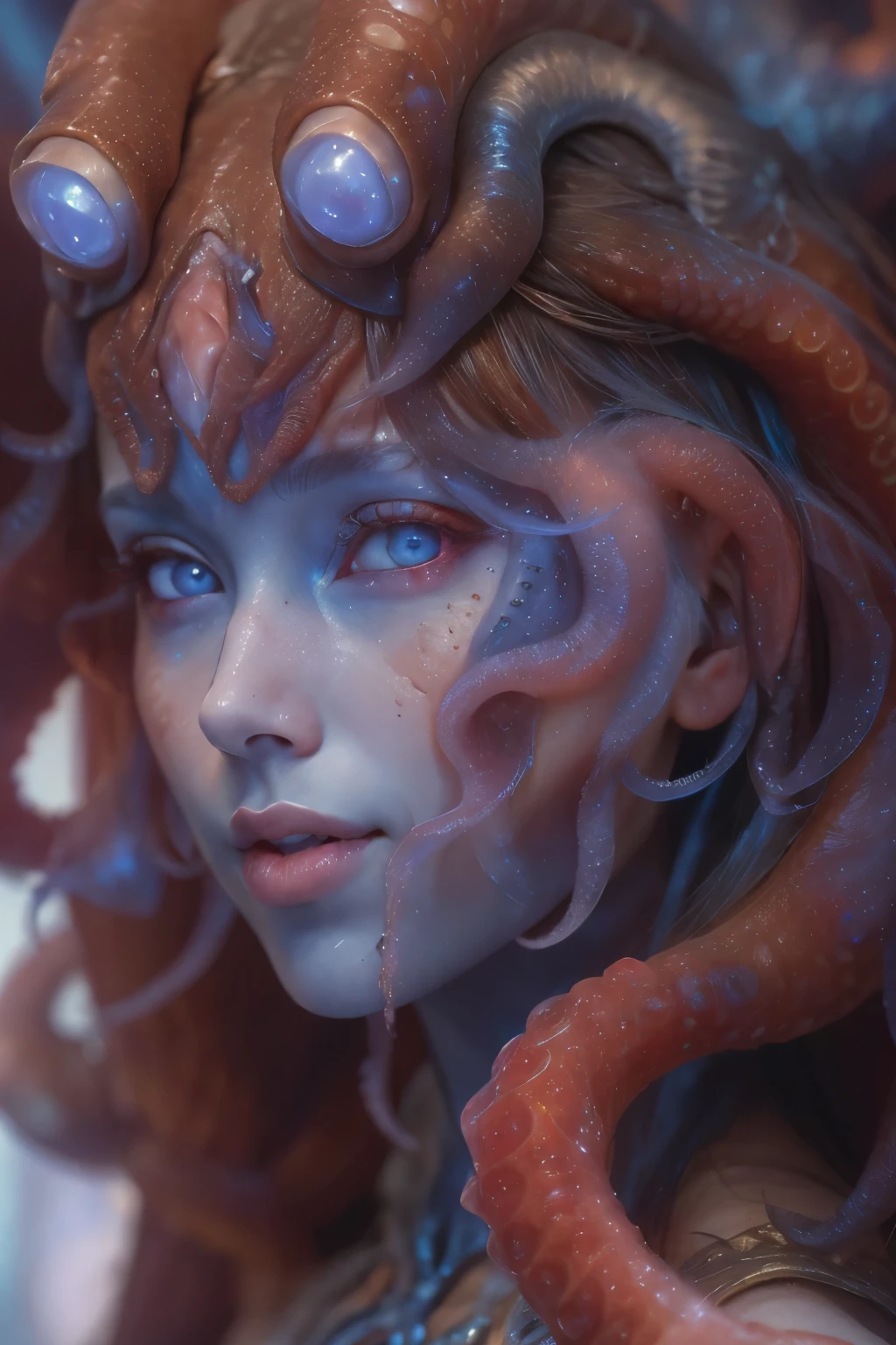 (A portrait of one beautiful and obscene female alien in the water of the deep sea, who is a young ager:1.4), ((There is a female genital-like organ in the middle of her forehead:1.8)), (realistic face:1.2), (Numerous award-winning masterpieces, with incredible detail, textures and maximum detail), artistic photography, midnight aura, unreal engine 5, Ultra Sharp Focus, art by Amano Yoshitaka, ArtGerm, Roisch, intricate artwork, ultra realistic realism, high resolution, High freshness, drawing faithfully, official art, Unity 8K Wall paper, ultra detailed artistic photography, dream-like, Creation of fantasy, dream Snail, (biopunk nautilus:1.3),Thrilling color schemes, seductively smiling, Amazing mutation, well-proportioned body, goddess of the deep sea, fractal, Geometric pattern, impossible figures, (translucent white tentacles with luminescent organs:1.4), subtle emerald green accents, (smiling seductively:1.3),(She has the most beautiful face in the history of the universe:1.5), Penelope Cruz, (she is looking down at viewers with glowing iridescent eyes with no pupils:1.3), an evil gaze that seduces, cinematic lighting, (Vampire-like long canine teeth can be glimpsed through the gap between the cute lips:1.3), in the hall of the palace, Sweet breath is exhaling from beautiful lips, ecstatic expression