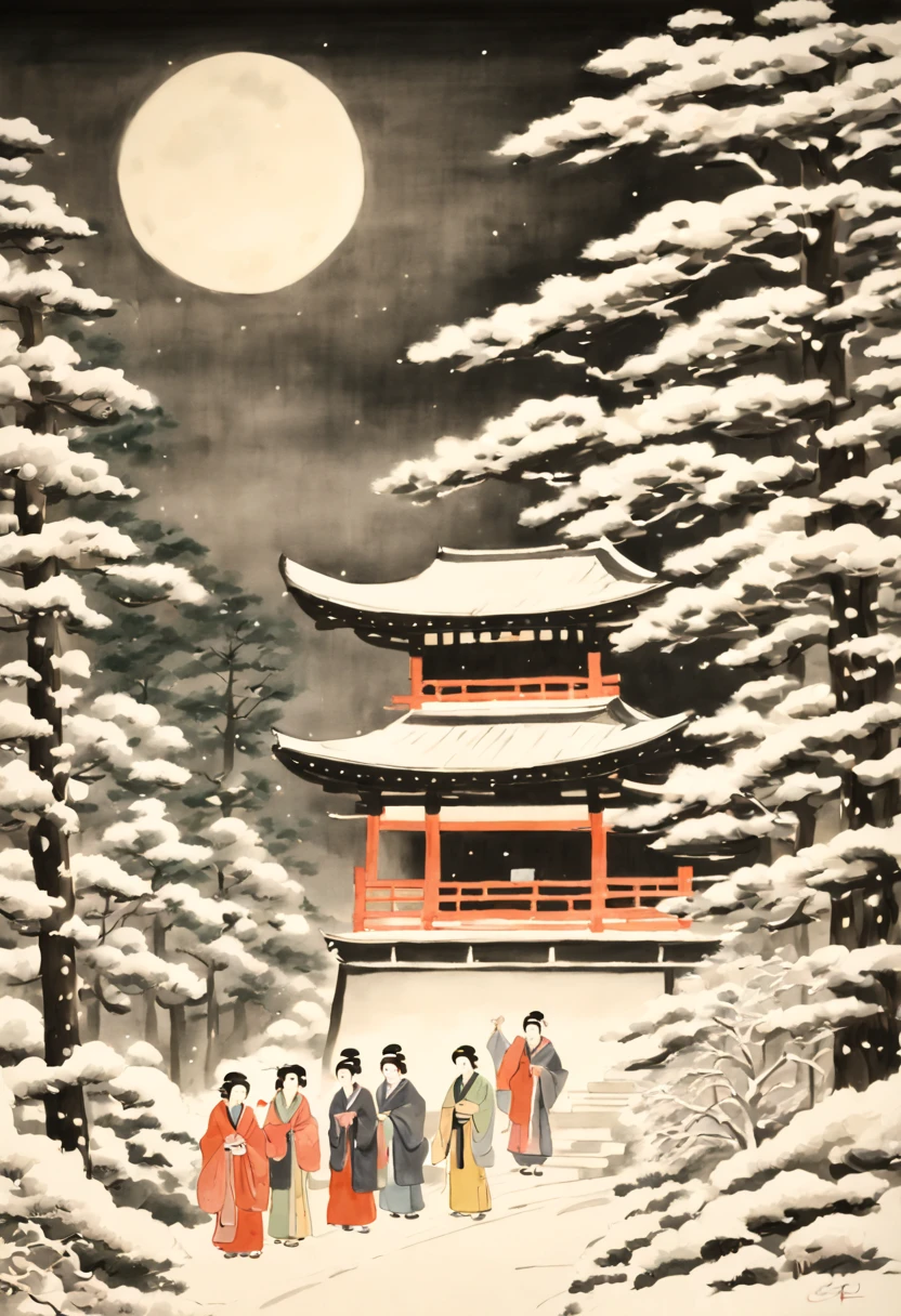 A horizontal New Year's scroll painting in Japanese sumi-e style showing a tranquil shrine in Kyoto with families dressed in elegant kimono ringing the temple bell at midnight to welcome the new year. Snow is falling gently and the full moon illuminates the pine trees.