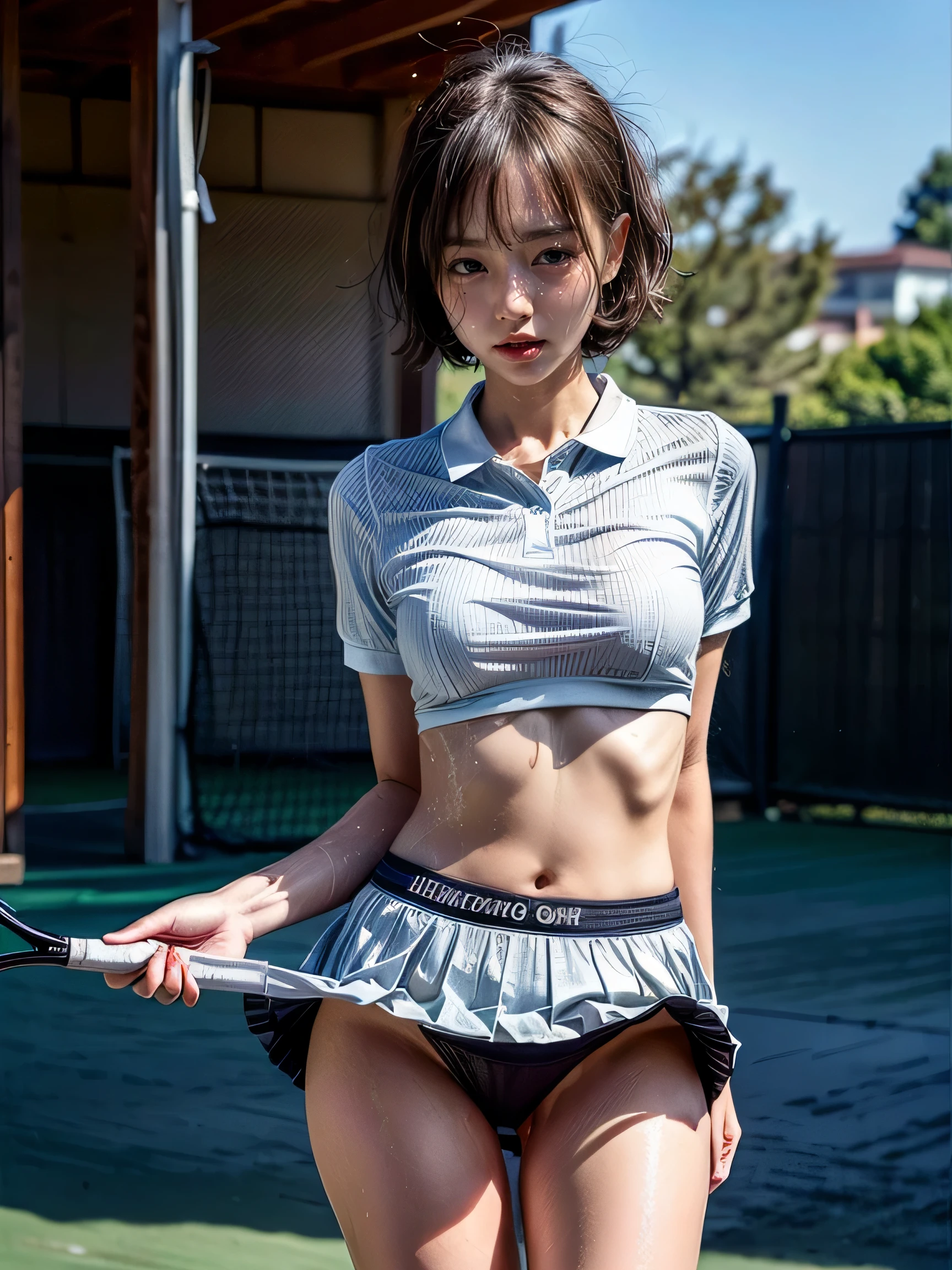 majicMIX Real、(Raw photography:1.2)、(Photorealsitic:1.4), Beautiful details and delicate facial beauty, ((Panties are visible))(pantie shot), piercings, Beautiful detail eyes with eyelashes, Huge file size, Ultra-detailed, High resolution, Transcendent beauty top-quality、masterpiece、(Japan Girls' High School Tennis Uniform))、Very detailed expression, finely detail, extra detailed face、Movie Lighting、20year old girl, (((Crying face、sob、Sobbing is leaking、With a slightly disgusting face)))、front facing、Under dynamic porcelain, (up skirt:1.5), (Tennis Pleated Skirt:1.5)、polo shirts, Sexy upper eyes, (Small white panties:1.5), (low rise:1.5), (Black short hair:1.5), (Fit body:1.5), (Slim legs:1.5), (Side String Mini Panties:1.5), (ウェットpolo shirts:1.5), (No bra:1.5), (NSFW:1.2), (Wide open crotch:1.2), (wet panty:1.5), (Stick your butt out and turn around:1.5), (Lift the skirt to show your buttocks:1.5), (Skin color seen through panties:1.4), (Wind), (Skin color seen through panties:1.4), (hip focus:1.3), (Show hip line), From below、Thin leg、big butts、Natural Skin、bob cuts、evening、(Crouch)