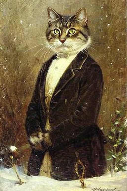 ((masterpiece)) ((best quality)) portrait of a cat on a snow background in Victorian style