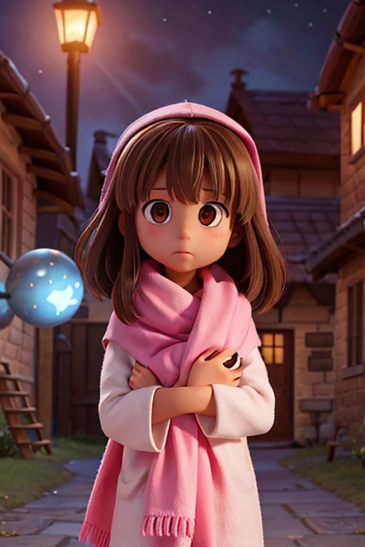 a 7 year old girl, brown eyes, straight light brown hair, wrapped in her pink blanket facing monsters in the night of a village, to save the world with her blanket