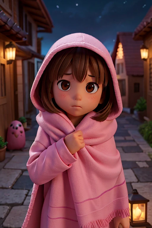 a 7 year old girl, brown eyes, straight light brown hair, wrapped in her pink blanket facing monsters in the night of a village, to save the world with her blanket