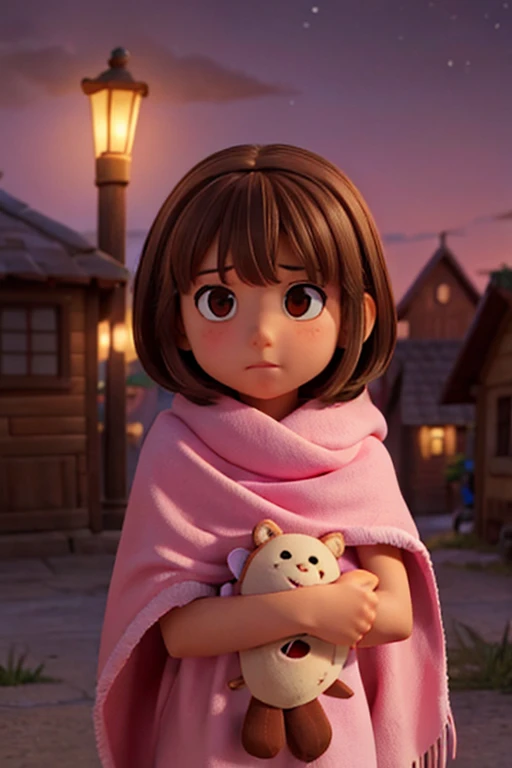 a 7 year old girl, brown eyes, straight light brown hair, wrapped in her pink blanket facing monsters in the night of a village, to save the world with her blanket