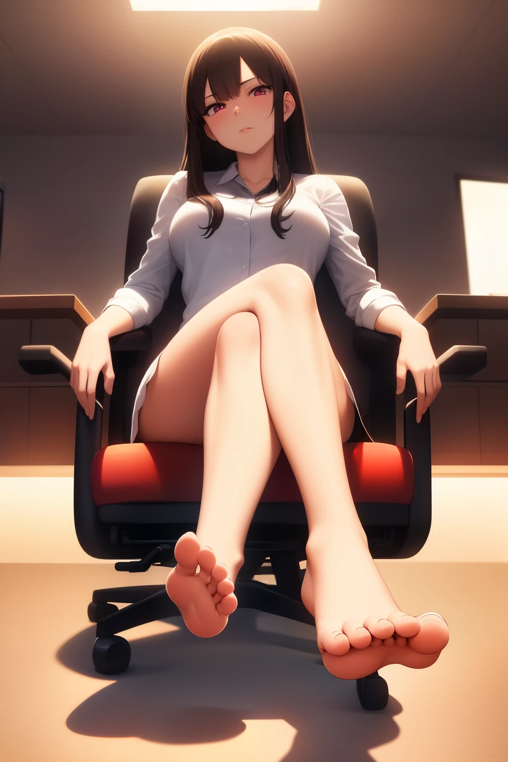 (masterpiece, best quality, ultra-detailed, best shadow), (detailed background), (beautifully detailed face), high contrast, ((cinematic light)), colorful, hyper detail, intricate details, Pixiv Anime Realism Trends, depth of field,
1girl, solo, (ara ara mature femdom look), boss, ceo, goddes presence, demanding look
The expression is domineering and rampant and alluring, (perfect beautiful face), royalty presence, pink eyes, very long visable hair ramdom color),
feet, perfect feet. bare legs soles, five toes,
towering over you, sitting on the desk, office