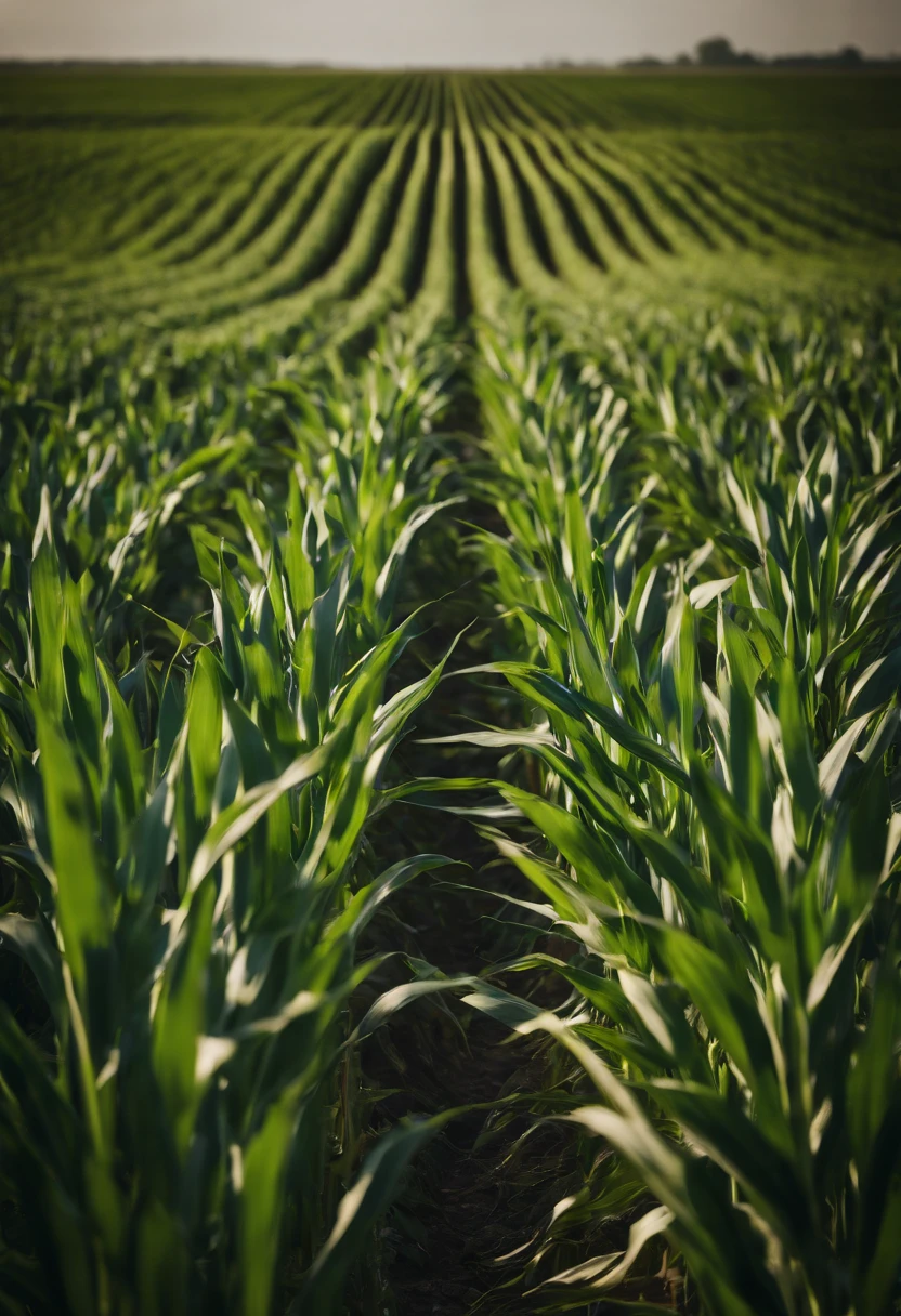 a wide-angle shot of a vast cornfield, showcasing the rows of tall, vibrant green stalks as they stretch into the distance
