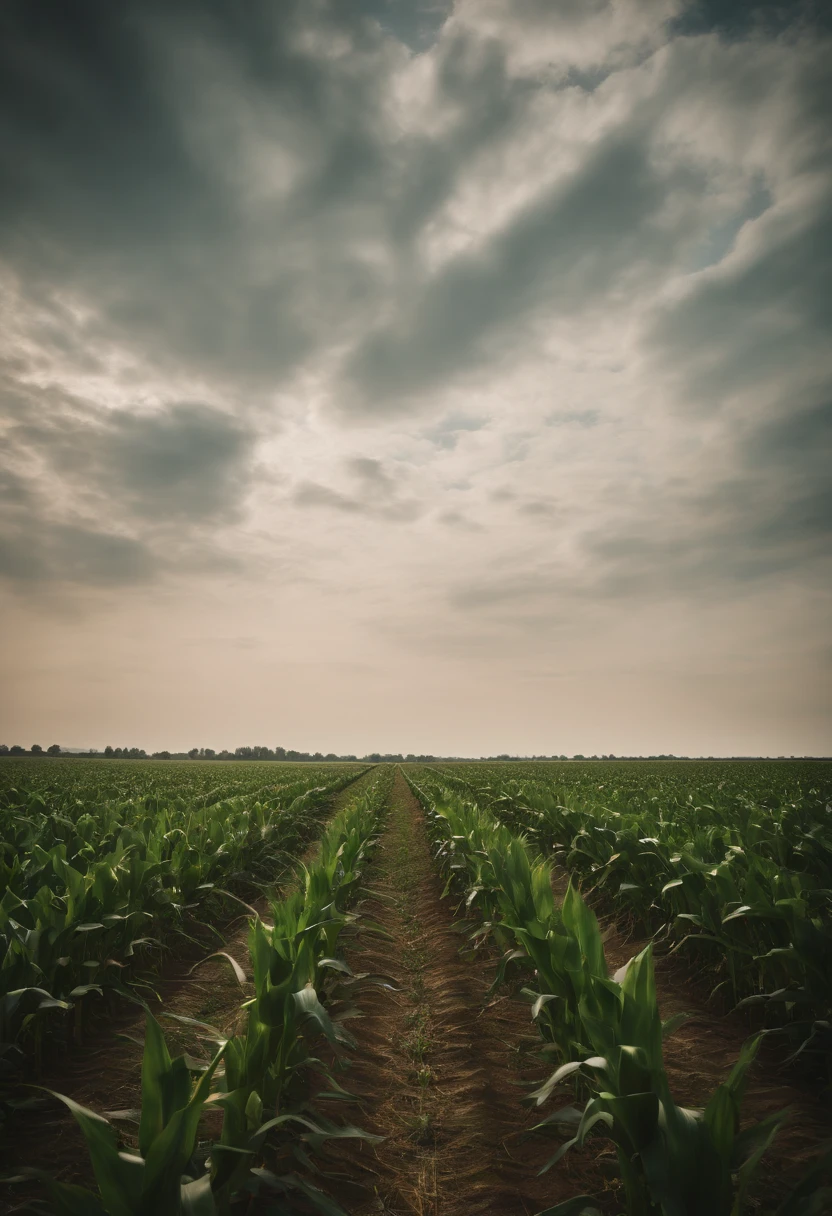 a wide-angle shot of a vast cornfield, showcasing the rows of tall, vibrant green stalks as they stretch into the distance