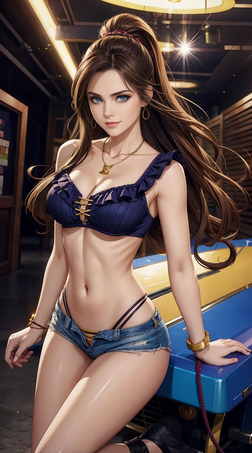 24-year-old Caucasian woman、Hair is brunette、Eye color is blue、Semi-long、Slender but well-proportioned muscular man、My abs are cracked、The belly button is out、a smile、I&#39;m wearing a necklace、accessories on wrist、Wearing an off-shoulder top with frills、I&#39;m wearing high leg cut shorts、I'm wearing pin heels、studio shoot