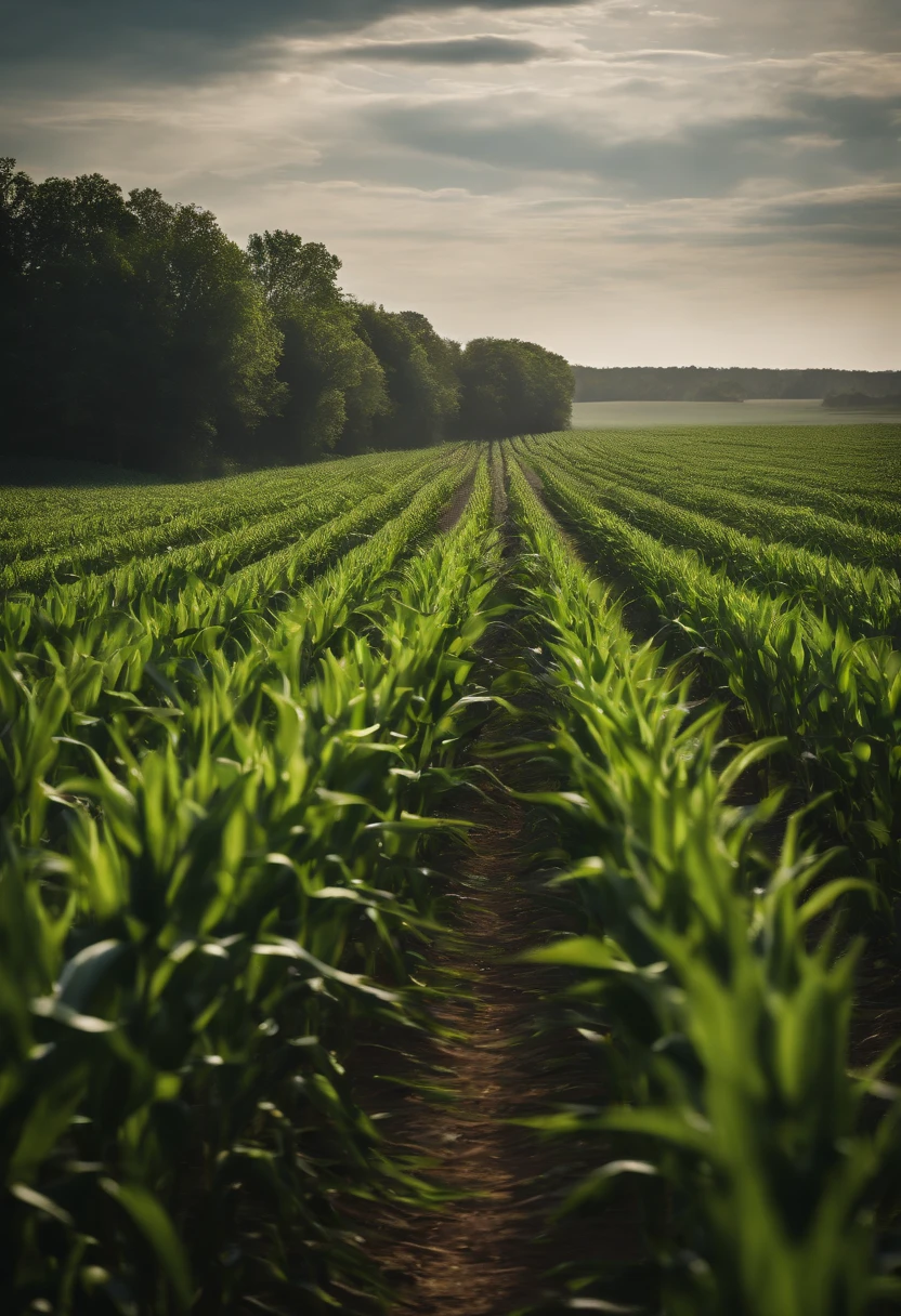 a wide-angle shot of a vast cornfield, showcasing the rows of tall, vibrant green stalks as they stretch into the distance
