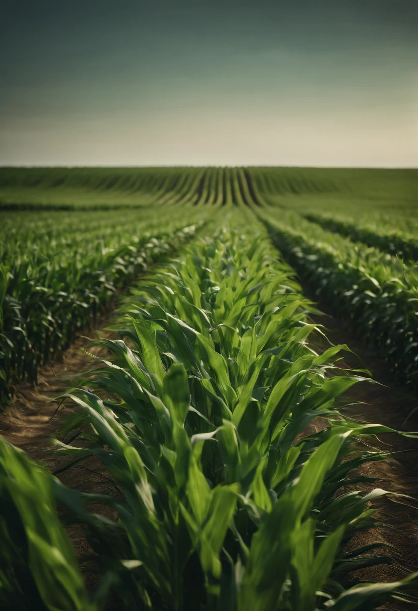 a wide-angle shot of a vast cornfield, showcasing the rows of tall, vibrant green stalks as they stretch into the distance