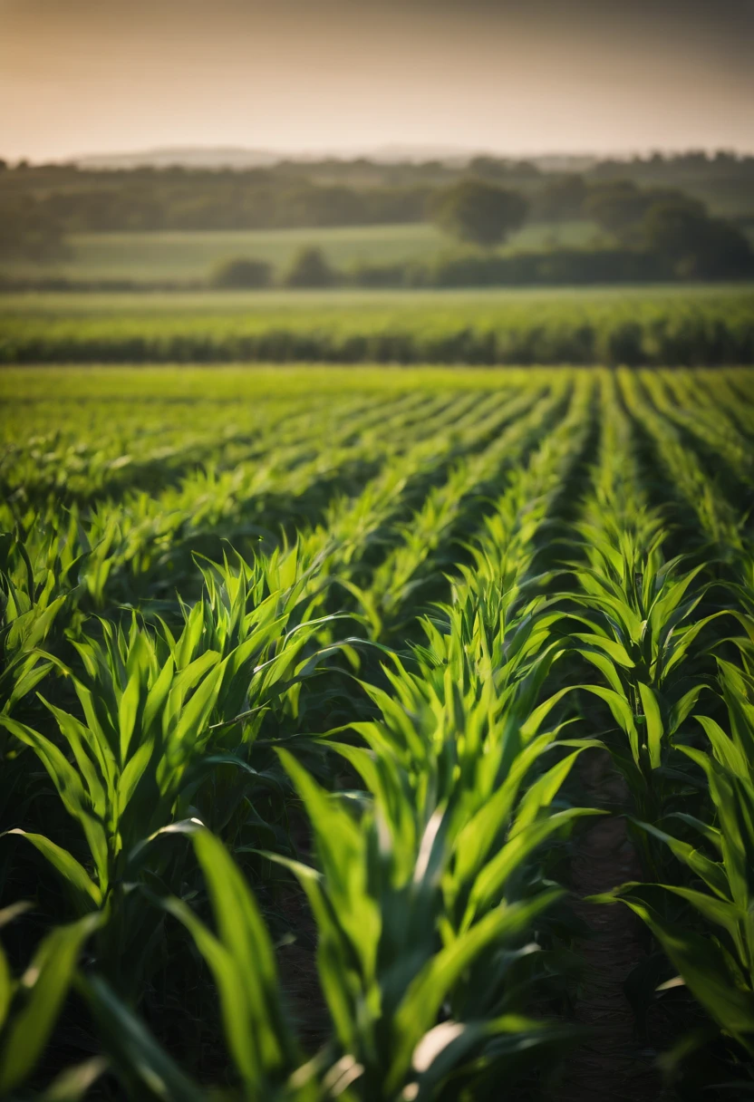 a wide-angle shot of a vast cornfield, showcasing the rows of tall, vibrant green stalks as they stretch into the distance