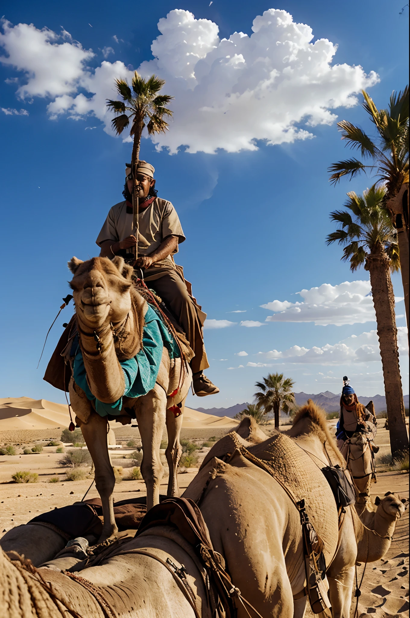 The wise men, riding a Camel, un the desert with some palm trees, in the sky the pole star