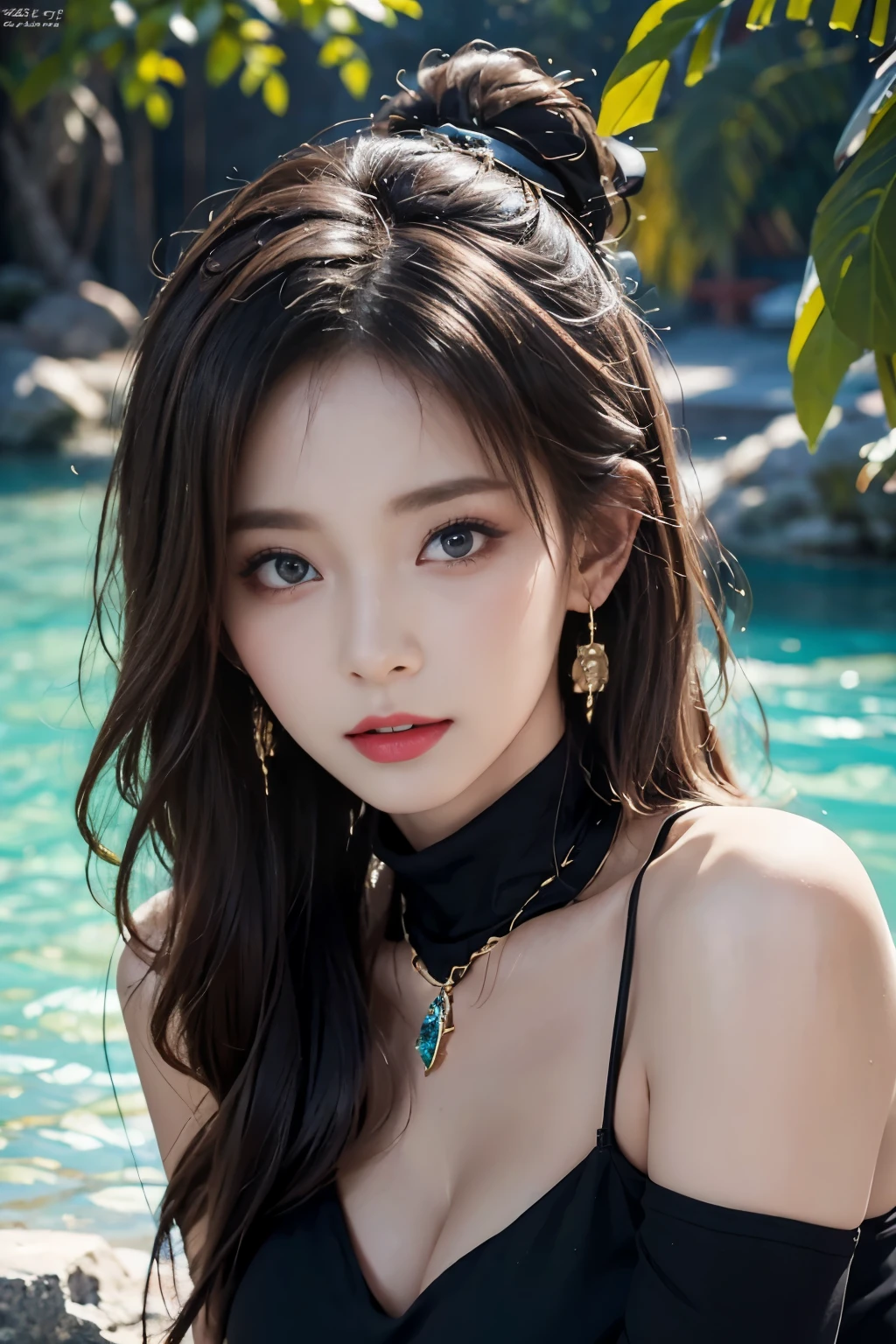 ((​masterpiece、top-quality))、dark eye-shadow makeup around her eyes、Dark mascara、thicc body、Wide waist、top-quality、超A high resolution、model shoot tyle、(the Extremely Detailed CG Unity 8K Wallpapers)、full-shot body photo of the most beautiful artwork in the world、looking at the viewers、20yr old、Slender system、Sexy swimming costume、The bikini、the beach、Charming smile、kawaii、Realistic lighting、Colossal tits、breasts indentation、intricate detailes、hightquality、super realistic 8K 、flawless、​masterpiece、 Professional artwork、famousartwork、face perfect、Beautiful expression、beautidful eyes、1girl in、Kpop Idol
