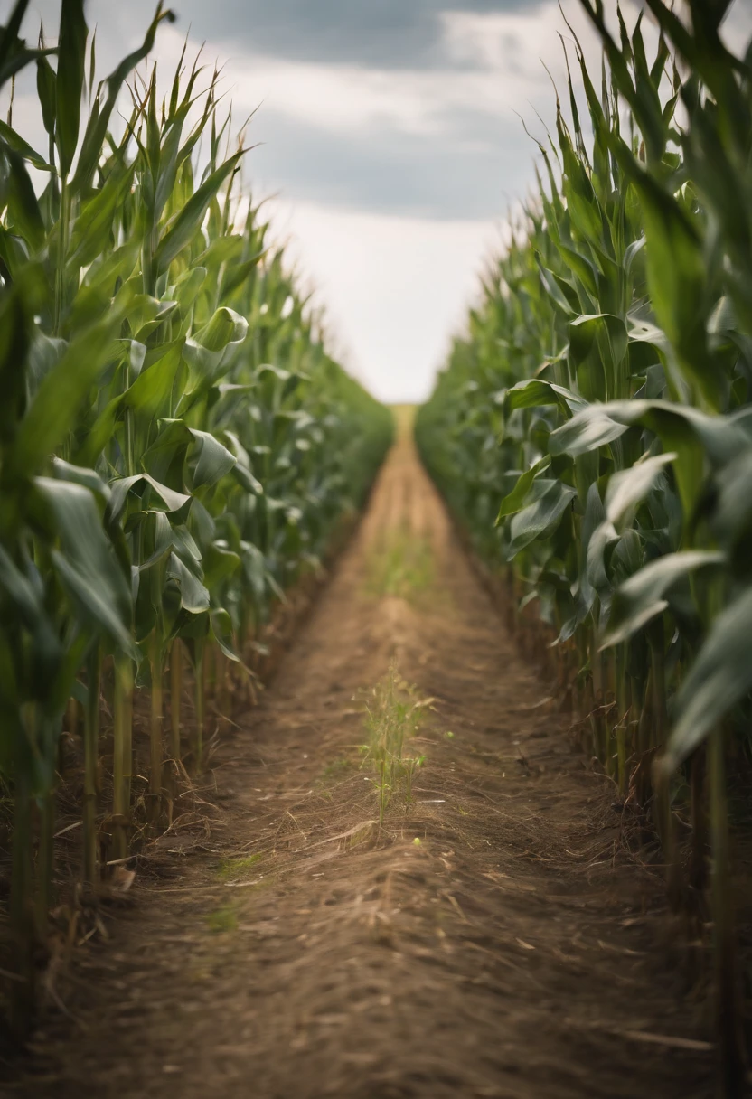 a wide-angle shot of a vast cornfield, showcasing the rows of tall, vibrant green stalks as they stretch into the distance