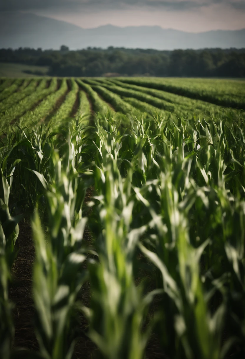 a wide-angle shot of a vast cornfield, showcasing the rows of tall, vibrant green stalks as they stretch into the distance