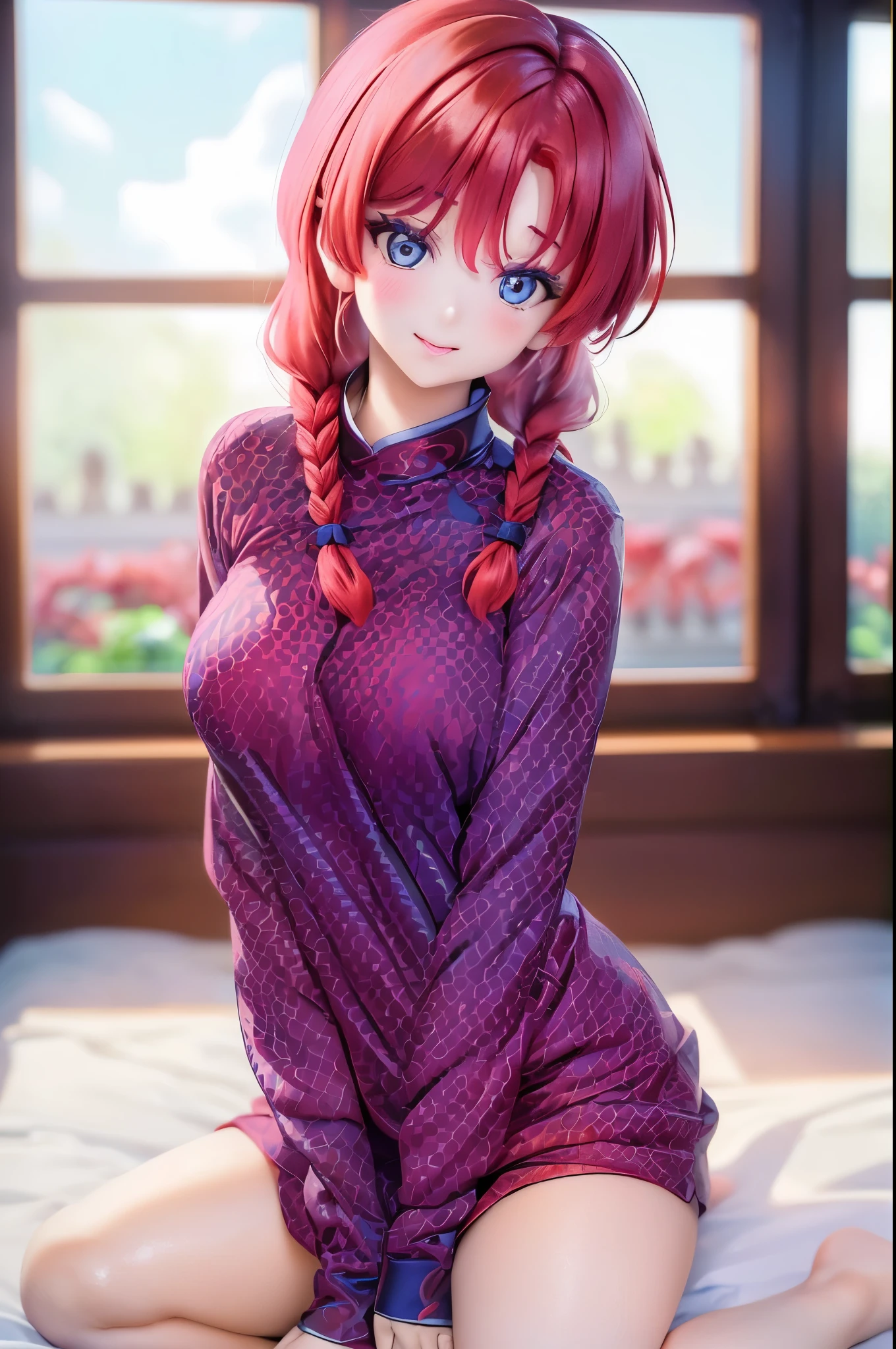 Close Girl Ranma chan red-haired, Artwork by Rumiko Takahashi, ((Big breasts,  girl)), (Perfect Body: 1,1), (Long braid of red hair: 1,2) , (Crimson blouse), (very delicate and beautiful), (masterpiece), (best quality: 1.0), (ultra high definition: 1.0), beautiful lighting, perfect lighting, realistic shadows, [high resolution], skin magnificent, ultra wonderful, (beautiful hair braid), beautiful breasts, blush, photorealistic, big blue eyes, (colorful) smile (cleavage))), (eyeliner), (mascara), ((reddish red hair)) ((perfect body) ) ((beautiful thighs)), ((open thighs)), small beautiful pink lips, sexy girl, very sexy outfit, Oppai, Ranma Chan