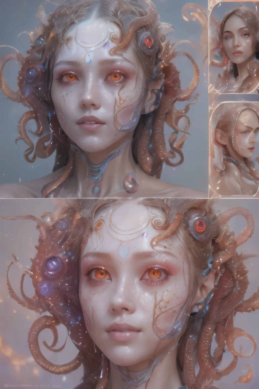 Portrait, (beautiful female alien:1.2), (she has red eyes with no pupils:1.8), (Translucent skin:1.7), (There is a female genital-like organ in the middle of the forehead:1.9), (The most beautiful face in the history of the universe:1.2),an evil gaze that seduces, (large mouth:1.1), (sharp teeth like a vampire:1.2), Full body portrait, (bio luminescent:1.5), (Smile wickedly:1.3), (sexypose:1.5), alien, No humans, cells are fused, (Lots of translucent tentacles:1.3) extraterrestrial, cell, bio image, best quality, 8K,In 4K_quality, High freshness, Dramatic Lighting, masutepiece:1.5,cinematic quality, detail up, (exquisite details:1.2), high resolution, High freshness, drawing faithfully, (Thick eyebrows:1.2), Beautiful eyes with fine symmetry,(Highly detailed face and eyes:1.2), Intimate face, (Super detailed skin quality feeling:1.4), perfect anatomy, (Beautiful toned body:1.5), (Moist skin:1.2), not wearing makeup, (dark circles:1.1), long canines, cinematic drawing of characters, ultra high quality model, cinematic quality, detail up, (exquisite details:1.2), high resolution, High freshness, drawing faithfully, official art, Unity 8K Wall , 8K Portrait, best quality, Very high resolution, ultra detailed artistic photography, midnight aura, unreal engine 5, Ultra Sharp Focus, art by alberto seveso, ArtGerm, Roisch, intricate artwork, best quality, masterpiece, ultra high resolution, (photos realistic:1.4), ultra realistic realism, dream-like, nautilus, Creation of fantasy, Snail, Dream Snail, (biopunk nautilus:1.3),Thrilling color schemes, ultra realistic realism, seductively smiling, Blue tentacles,
