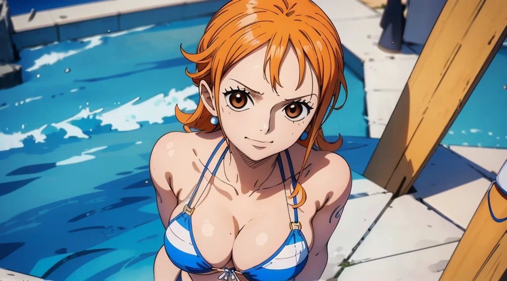 An Arafe woman wears a bikini top and super miniskirt , nami one piece, A Master Piece , Retrato bonito de Nami, nami from one piece,Nami em super minissaia, arte de anime digital detalhada, Cute Exirobat showing white pants, Very detalhado Artgerm haha, deviantart artstation cgsscosiety, realistic bikini, roupa de banho, fanart melhor artstation, Artgerm. alto detalhamento