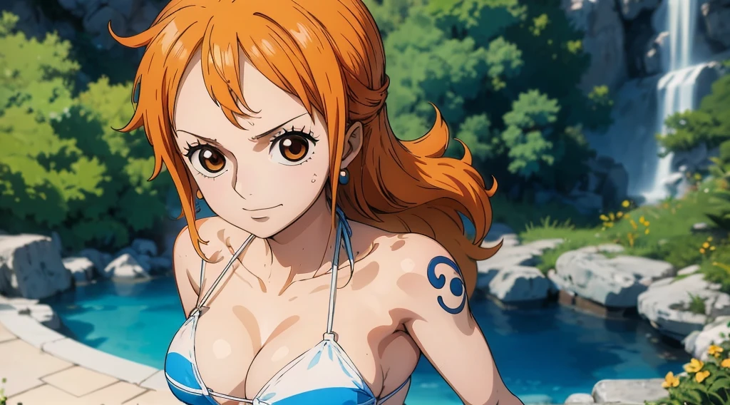 An Arafe woman wears a bikini top and super miniskirt , nami one piece, A Master Piece , Retrato bonito de Nami, nami from one piece,Nami em super minissaia, arte de anime digital detalhada, Cute Exirobat showing white pants, Very detalhado Artgerm haha, deviantart artstation cgsscosiety, realistic bikini, roupa de banho, fanart melhor artstation, Artgerm. alto detalhamento