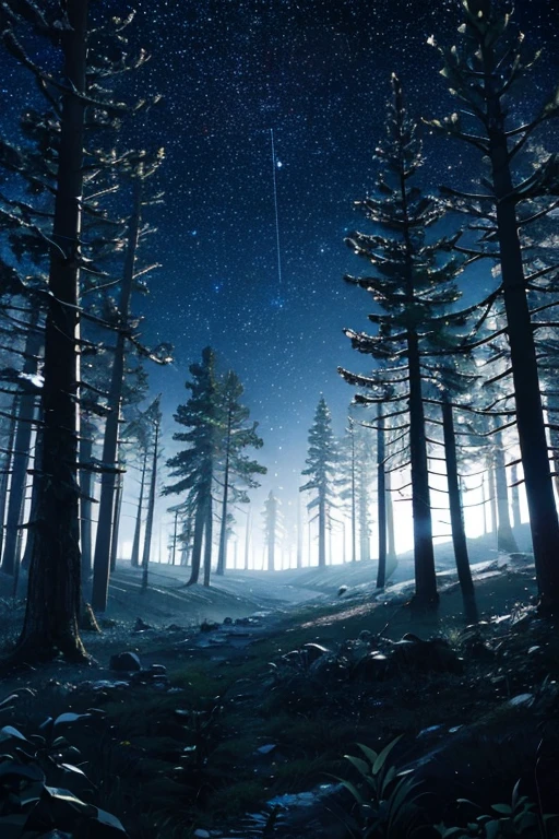 Dark skies,There are stars and trees in the foreground, trees and stars background, Weird star perspective, in the forest at night, Look at the stars, in the forest at night, night in the forest, Forest at night, dark and stars in the background, Night in dark forest, Nocturnal forest, Night in the woods, Quiet forest night scene