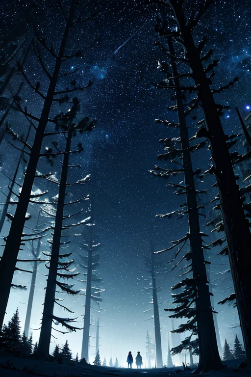 Dark skies，There are stars and trees in the foreground, trees and stars background, Weird star perspective, in the forest at night, Look at the stars, in the forest at night, night in the forest, Forest at night, dark and stars in the background, Night in dark forest, Nocturnal forest, Night in the woods, Quiet forest night scene