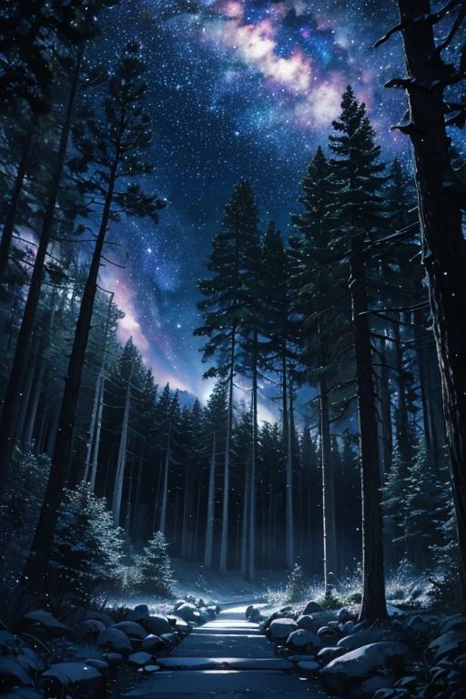 (best quality,4k,8k,highres,masterpiece:1.2),ultra-detailed,(realistic,photorealistic,photo-realistic:1.37),dark sky,forested foreground with stars,forest and starry background,peculiar star viewpoint,nighttime in the forest,stargazing in the night forest,nighttime ambiance in the forest,nocturnal forest,forest nightscene,darkness and stars in the background,nighttime in the dark forest,night forest,nighttime among the trees,serene forest night scene