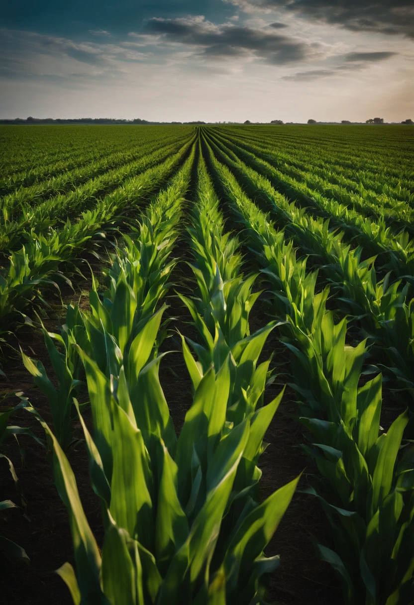 a wide-angle shot of a vast cornfield, showcasing the rows of tall, vibrant green stalks as they stretch into the distance