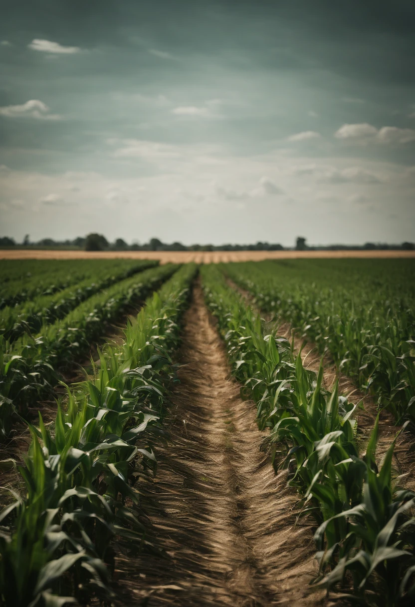 a wide-angle shot of a vast cornfield, showcasing the rows of tall, vibrant green stalks as they stretch into the distance