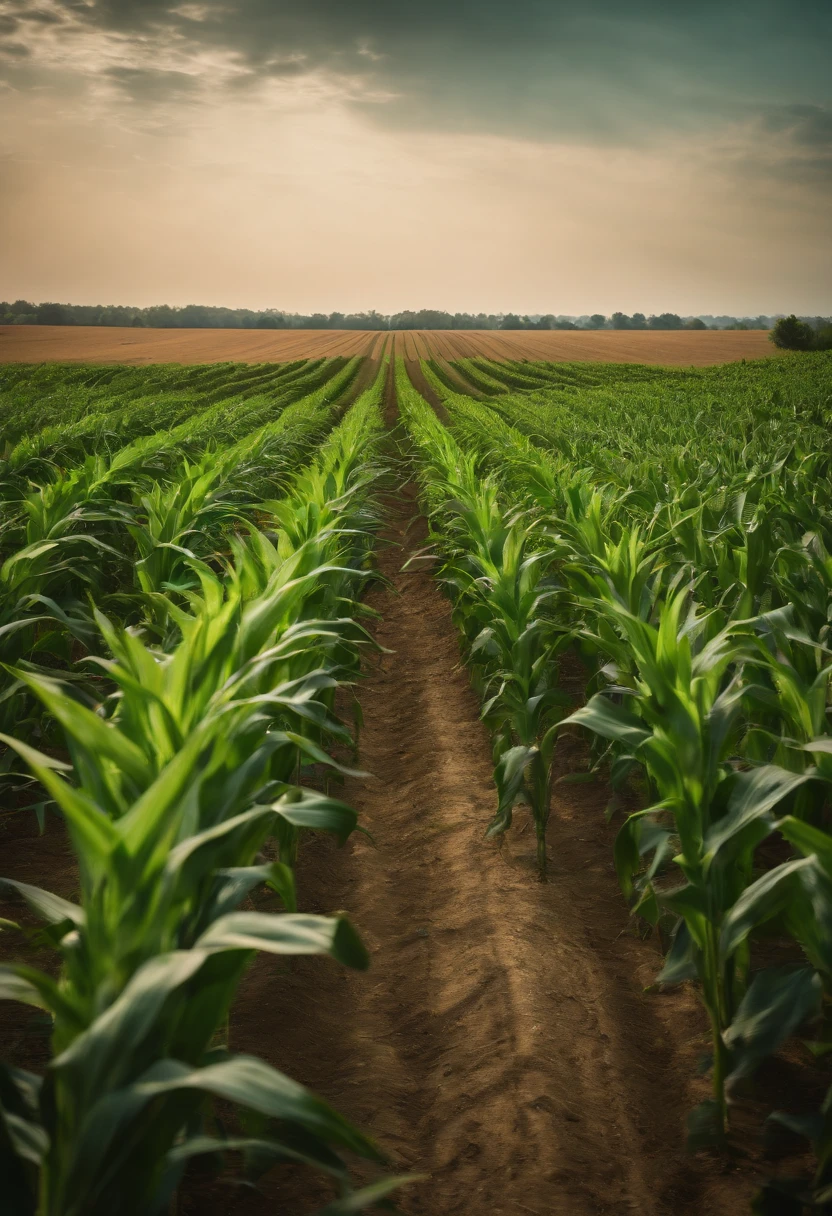 a wide-angle shot of a vast cornfield, showcasing the rows of tall, vibrant green stalks as they stretch into the distance