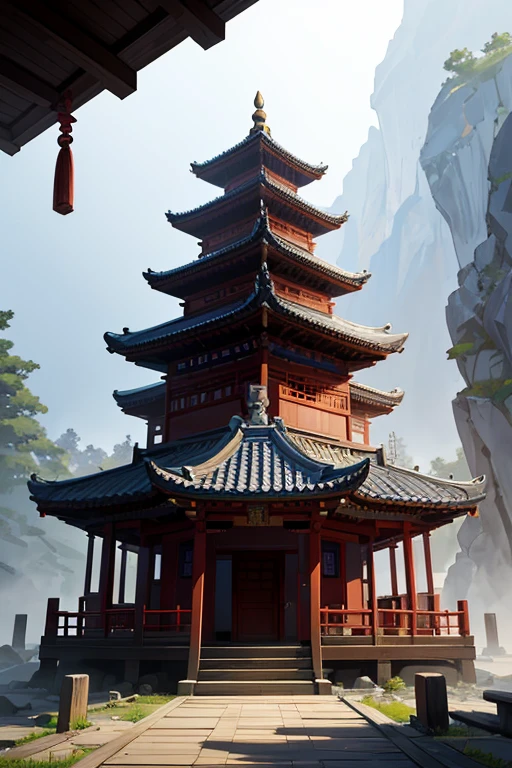 Building with wooden roof and steps leading to the door, Mysterious temple setting, Zen temple background, a temple background, background depicting a temple, This temple, Inspired by Dongyang, Selangor, oda#39;s a creepy secret temple, a temple, Inspired by Ito Wakachi, a mystical temple, cyberpunk temple, temple