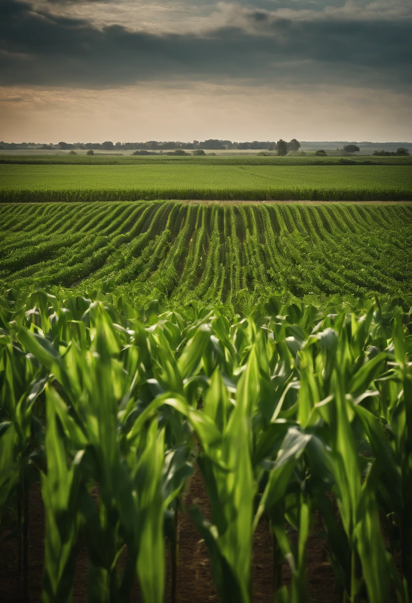 a wide-angle shot of a vast cornfield, showcasing the rows of tall, vibrant green stalks as they stretch into the distance