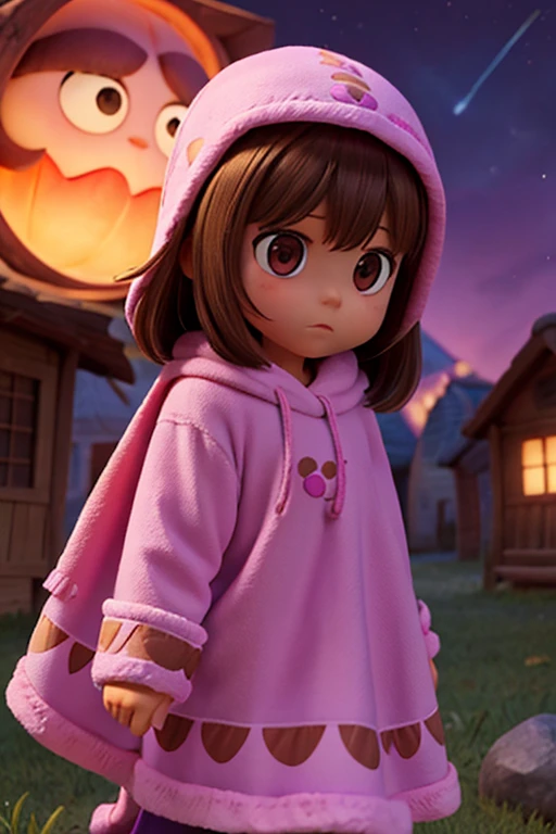 a 7 year old girl, brown eyes, straight light brown hair, wrapped in her pink blanket facing monsters in the night of a village, to save the world with her blanket
