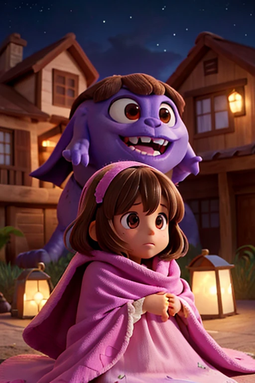 a 7 year old girl, brown eyes, straight light brown hair, wrapped in her pink blanket facing monsters in the night of a village, to save the world with her blanket, with a fearless look facing a purple monster, with 3 eyes that eat the stars from the sky