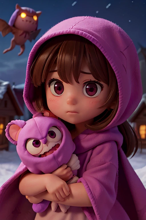 a 7 year old girl, brown eyes, straight light brown hair, wrapped in her pink blanket facing monsters in the night of a village, to save the world with her blanket, with a fearless look facing a purple monster, with 3 eyes that eat the stars from the sky