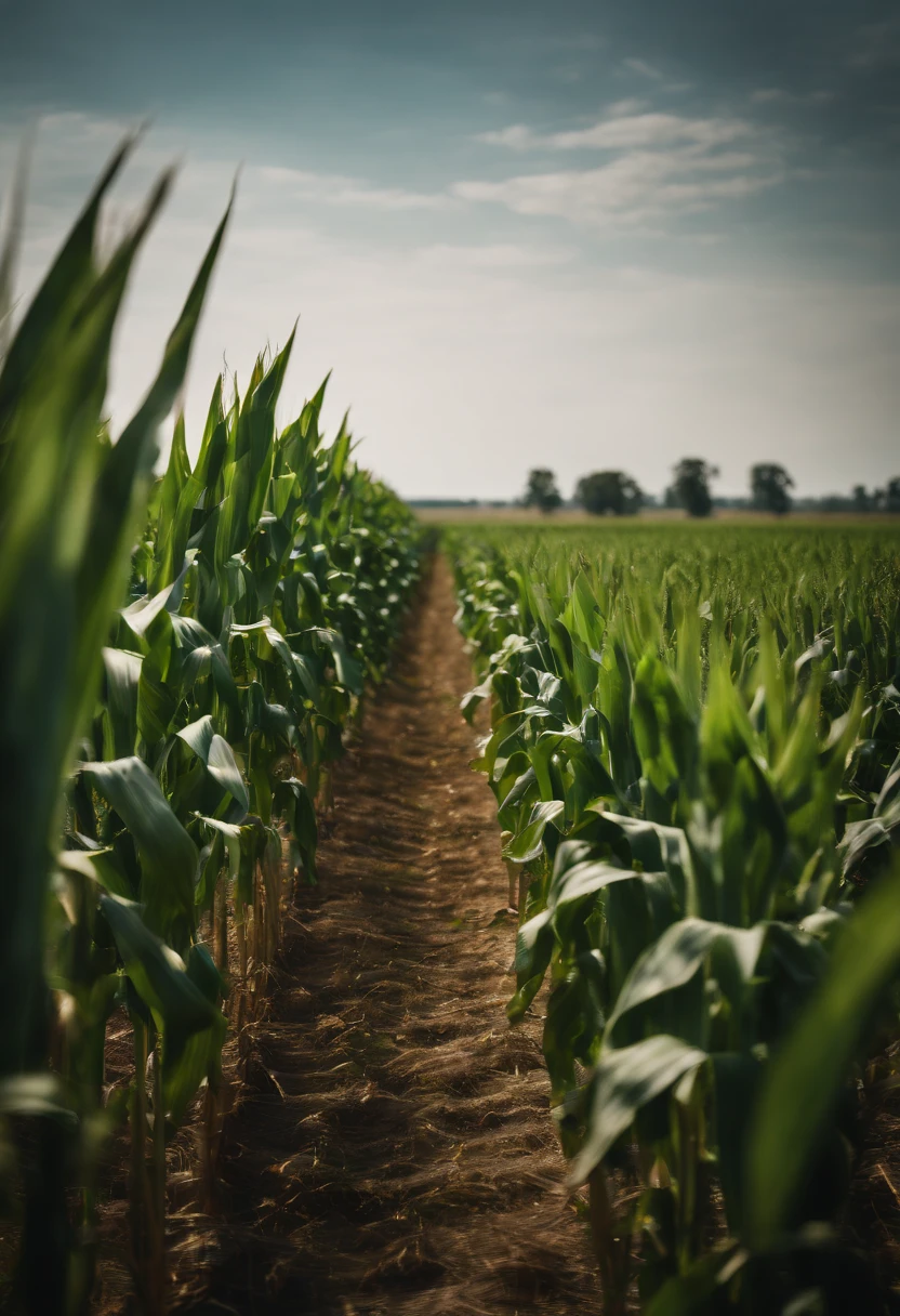 a wide-angle shot of a vast cornfield, showcasing the rows of tall, vibrant green stalks as they stretch into the distance