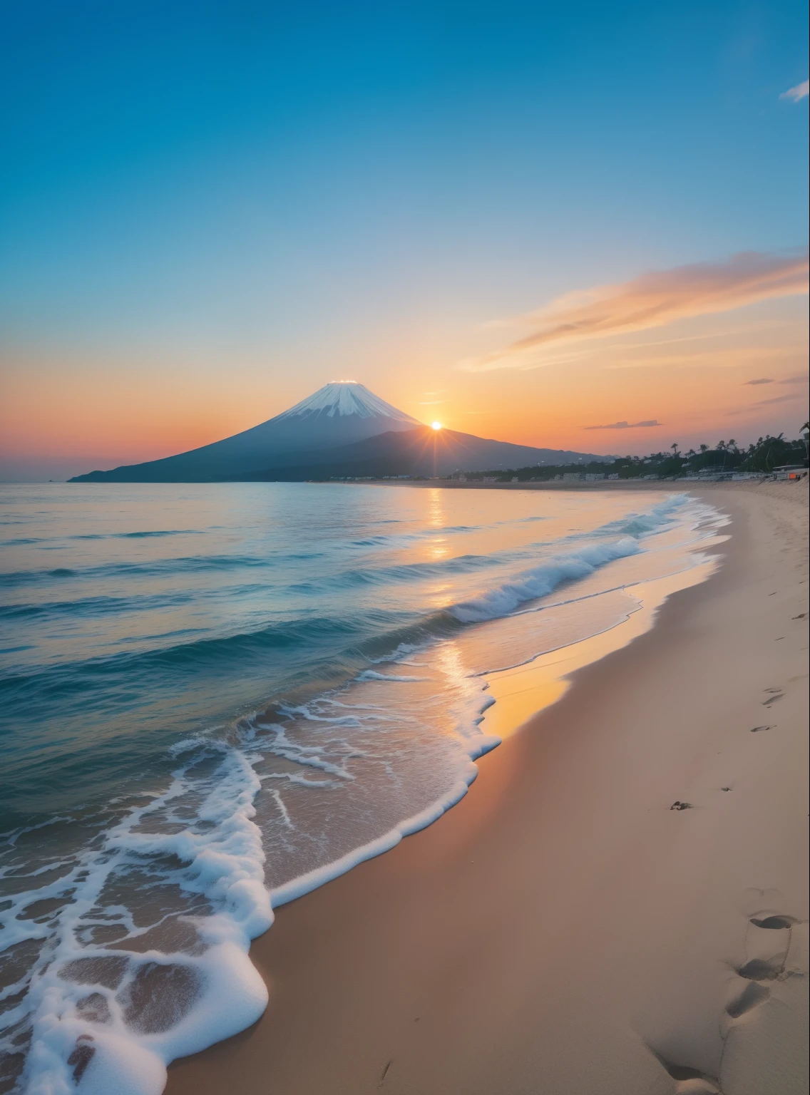 Orange in the sky、pink there、Yellow mix、Absolutely enchanting sunset on the beach。The water is crystal clear、Kiss the shore softly、The white sand beach is endless、break、Sunrise at Mt.Fuji